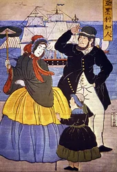 Europæisk familie ved Yokohama havnefront malet af en japansk kunstner i 1861