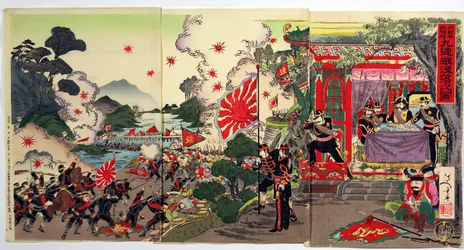 Kamp mellem japanske og kinesiske tropper Undersøgt af en gruppe japanske officerer, en episode fra den kinesisk-japanske krig, slutningen af det 19. århundrede (træblok i farver)