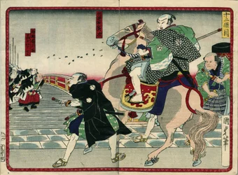 Gruppe af samuraier på en bro (inklusive en hest) - i "" De 47 ronins hævn"" 1800-tallet: Serie de Kabouki