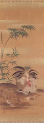 Japansk kakemono med en hane, høne og kyllinger