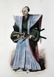 Japansk adelsmand med våben og ceremoniel påklædning,1860 (kobberstik)