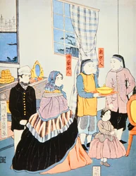 Japansk tryk ca. 1870, der viser europæiske besøgende til Japan (træblok i farver)