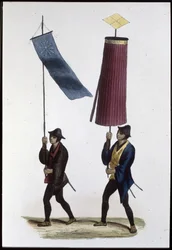 Japanske soldater med bannere, 1860 (kobberstik)