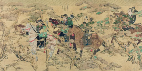 Japanske soldater på hesteryg rider gennem en fyrreskov under den mongolske invasion af Japan i 1274, illustration fra magasinet Kokka, maj 1921