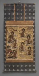 Vægmaleri: Nedstigning af femogtyve bodhisattvaer (tilhængere af Amitabha-triaden), 1700-tallet (Triptykon hængende ruller: blæk, farve og guld blad på papir, messing)