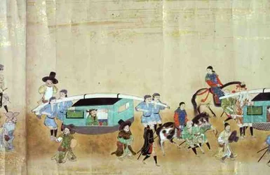En del af den sjette koreanske ambassade til Japan i Meireki 1 på tidspunktet for Tokugawa Ietsunas arvefølge i 1651, muligvis af Kano Masunobu (1625-94) 1655-57 (rullemaleri)