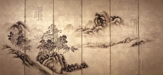 Rekto: Landskab efter Mi Fei, ca. 1810 (blæk på bladguld)