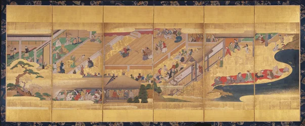 Seksfoldsskærm med Noh Play Funa-Benkei, c.1660 (farve, gofun & blæk & guld på papir)