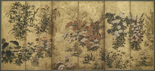 Sommer- og efterårsblomster, Edo-periode, 1615-68 (farve over guldpapir)