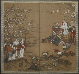 Den kinesiske kejser Ming Huang og hans konkubine Yang Kuei-fei leger og synger for at få blomsterne til at blomstre, Edo-perioden (farve & guld på papir)