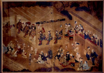 Kabuki-teater: skuespillere på scenen; japansk tryk fra det 18. århundrede, Paris, Musée Guimet, Nationalmuseet for asiatisk kunst