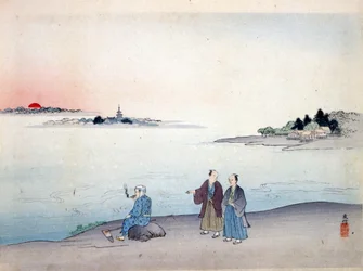 To mænd går ved en sø, ca. 1870