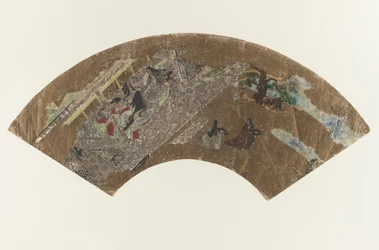 Uden titel - Vifteformet maleri af damer, der sidder i en pavillon og spiller et spil, 1603-1868