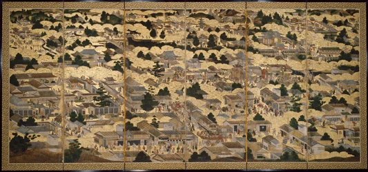 Views In and Around Kyoto (Rakuchu rakugai zu), ca. 1616-24 (blæk, farve og bladguld på papir)