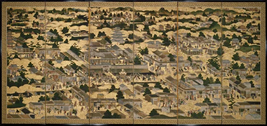 Views In and Around Kyoto (Rakuchu rakugai zu), ca. 1616-24 (blæk, farve og bladguld på papir)