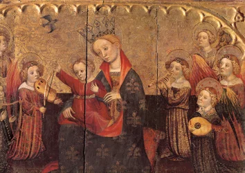 Rum fra en altertavle med Jomfruen og Barnet og englemusikere, tidligt 1400-tal (tempera på træ)