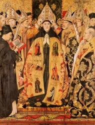 "" Indvielsen af St. Augustine af Hippo "" Altertavle af St. Augustine. Detrempe på træ af Jaume Huguet (1415-1492). 1466-1475. Fra kirken St. Augustine i Barcelona.