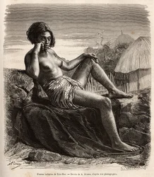 Indfødt kvinde fra Taio-Hae (eller Taio Hae), i markisernes øhav, som nonchalant viser sine tatoverede ben, gravering efter en tegning af A.Rixens, der illustrerer minderne om Stillehavet, i 1872-1874, af A.Pailhes, et skibsskilt, offentliggjort i “Le t