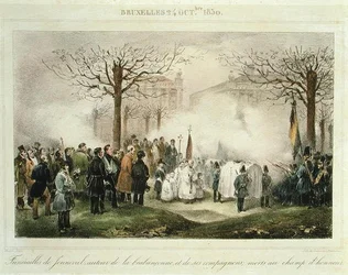 Begravelsen af Louis-Alexandre Dechet (Jenneval) (1801-30) og hans ledsagere, der døde på Æresmarken, 24. oktober 1830, graveret af Dewasme-Pletinckx