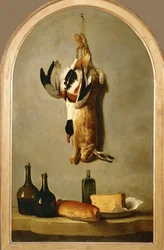 Stilleben med død hare, and, flasker, brød og ost ...