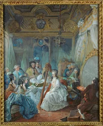 Marie-Antoinette i sin lejlighed i Versailles, omgivet af medlemmer af sit hof ...