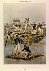 Typer og uniformer af kaptajn Jules Richards franske armé, illustreret af Edouard Detaille (1848-1912): Corps de Genie; Opførelse af en bro af faskiner i 1887, Privat samling