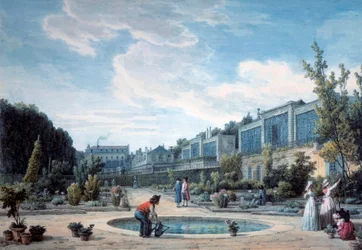Udsigt over Kongens Have (nuværende plantehave). Litografi af Jean Baptiste Hilaire (1753-1822) 1794 Paris, B.N.