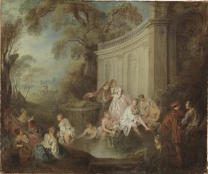 Et selskab, der bader i en park - A Company Bader in a Park, af Pater, Jean-Baptiste (1695-1736). Olie på lærred. Størrelse: 49x59 cm. Nationalmuseum Stockholm