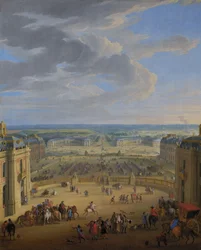 Fransk: Vue perspective du château de Versailles sur la place d