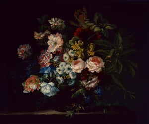 Roser, nelliker, hyacinter og blomster (olie på lærred)