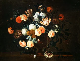 Vase med blomster og insekter (olie på lærred)