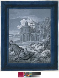 Wolves Attacking Sheep (Rein de Trop II) 1732 (pen & blæk med vask og gouache på papir)