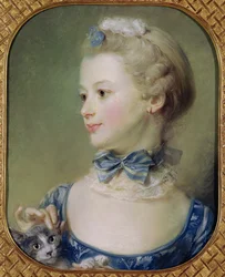 Ung pige med en kat (pastel på pergament)