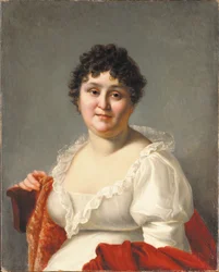 Portræt af Madame Regnault, brystlængde, i hvid kjole og persimmon sjal (olie på lærred)