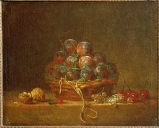 En kurv med blommer, nødder, korender og kirsebær (maleri på lærred)