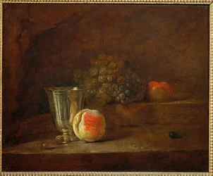 Et sølvbæger, vindruer, et æble (maleri på lærred)