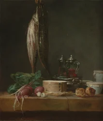 Stilleben med fisk, grøntsager, gougat, gryder og krukker på et bord