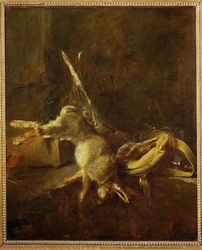 To harer, en jagttaske og en krudtflaske (maleri på lærred)