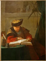 Un chimiste dans son laboratoire, dit aussi un philosophe occupee de sa lecture - en kemiker i sit laboratorium ...
