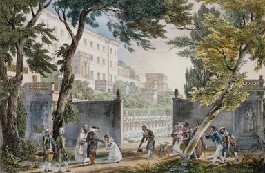 Galant scene ved indgangen til villa i Rom, ca 1820, gravering af Jean-Baptiste Thomas (1791.1833)