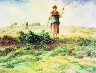 A Shepherdess and her Flock (akvarel, blyant og blæk på papir)