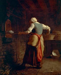 Kvinde, der bager brød, af Jean-François Millet (1814-1875), 55x46 cm.