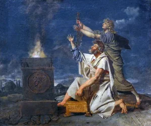 En ung romersk kriger ledsaget af sin far beder guderne om succes med hans våben, ca. 1780 (olie på lærred)