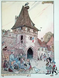 En fransk soldat, der underviser fransk til børn fra Alsace, der er blevet franske statsborgere igen, illustration fra 