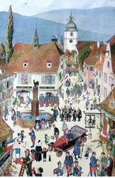 Franskmændene leverer Alsace (farve litho)