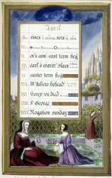 April: Ladies in a garden (Taurus) - faksimile af Anne af Bretagnes timer, af Jean Bourdichon