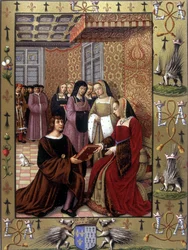 Jean Marot overrækker sin bog "Rejsen til Genova" til dronning Anne af Bretagne. Efter en illumination af Jean Bourdichon, cirka 1508
