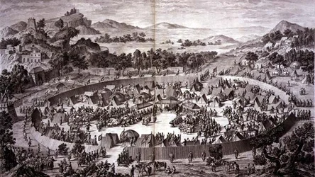 Tchao-Hoei i sin lejr under Yerechims mure modtager hyldest af indbyggerne i byen og provinsen i juli 1759, plade 4 fra rækken af tryk, der repræsenterer erobringerne af Qianlong, Kinas kejser, indgraveret af Pierre Philippe Cho