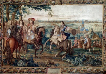 Fortsat fra Histoire du Roi: "" Capture of Lille af Ludvig XIV, august 1667 efter Saint Andres pap. Maleri lavet af Jean Mozins værksted (1600-tallet) på Gobelins fabrikken. Svag. 3,7x5,5 m. Versailles, slotsmuseum