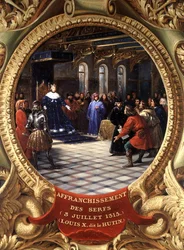 Ludvig X (1289-1316) den stædige, konge af Navarra, som giver de livegne stemmeret, 3. juli 1315 (olie)